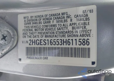 2003 Honda Civic Lx z USA, uszkodzony, nr VIN 2HGES16553H611586